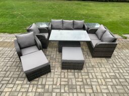 Fimous Outdoor Rattan Furniture Garden Dining Set Patio Height Adjustable Rising lifting Table Chair Sofa With 2 Side Tables in Dark Grey - thumbnail 1