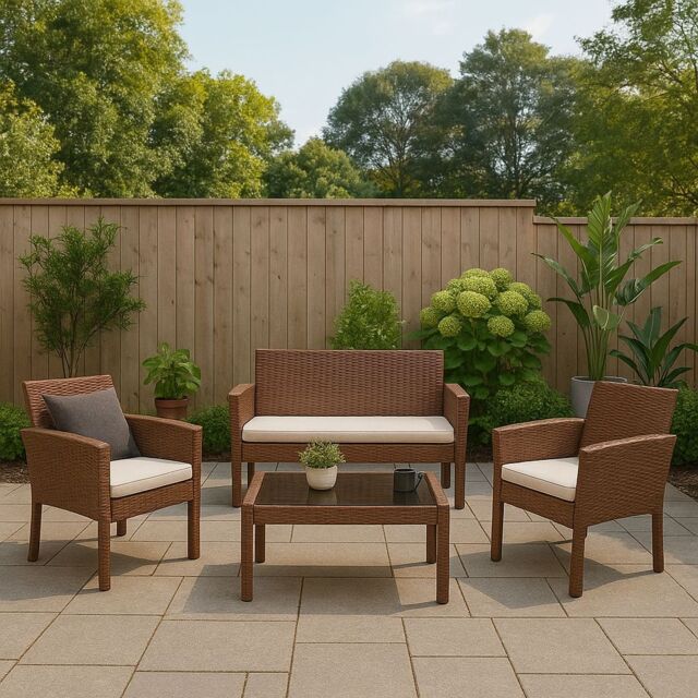 Home Republic Brown Rattan Patio Sofa, Chair & Table 4pc Furniture Set - Size: 26.4L
