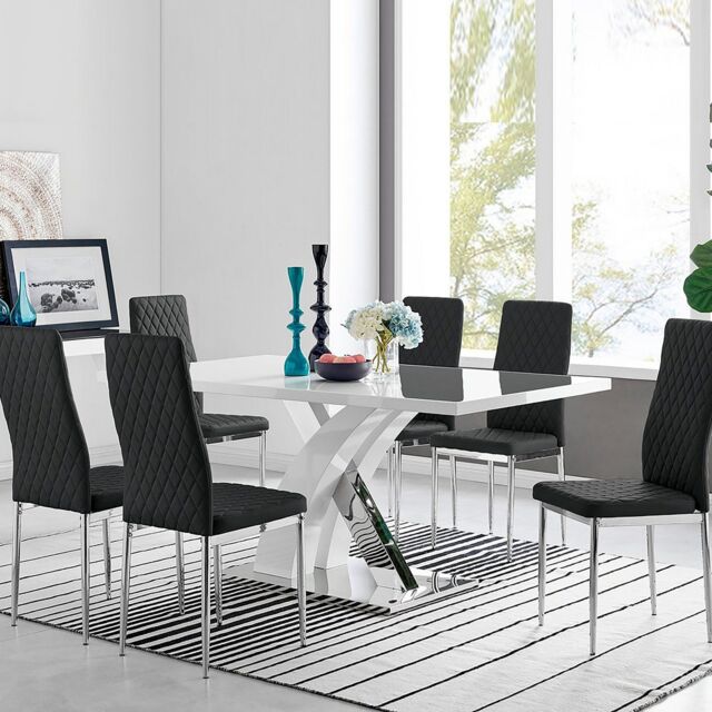 FurnitureboxUK Atlanta Modern Rectangle Chrome Metal High Gloss White Dining Table & 6 Milan Chairs Set in Black - image 1