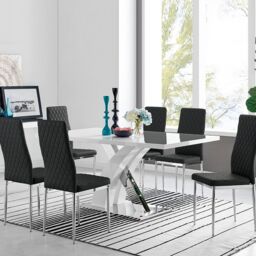 FurnitureboxUK Atlanta Modern Rectangle Chrome Metal High Gloss White Dining Table & 6 Milan Chairs Set in Black - thumbnail 1