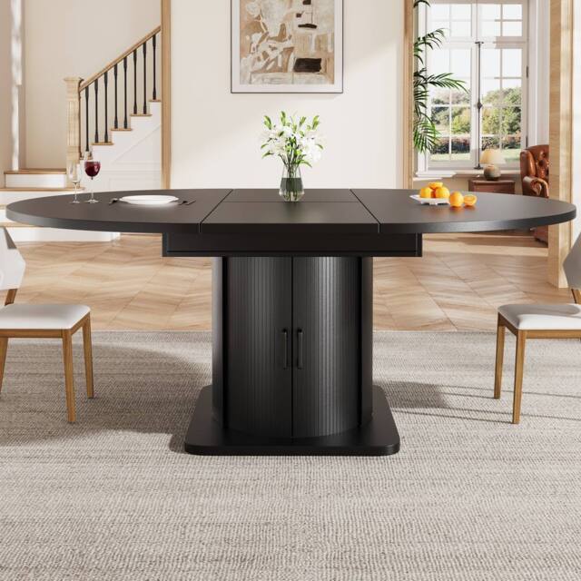Merax Extendable Round To Oval Wooden Dining Table with Storage Drawer in Black - image 1