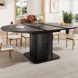 Merax Extendable Round To Oval Wooden Dining Table with Storage Drawer in Black - thumbnail 6