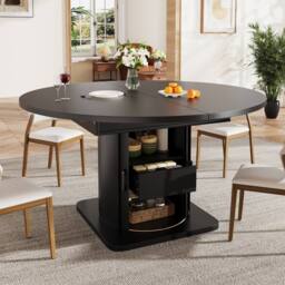 Merax Extendable Round To Oval Wooden Dining Table with Storage Drawer in Black - thumbnail 3