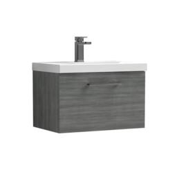 Balterley 600mm Wall Hung 1 Drawer Vanity, Woodgrain Anthracite, Pewter Handle in Grey - thumbnail 1