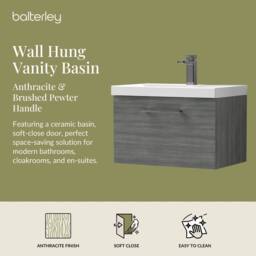 Balterley 600mm Wall Hung 1 Drawer Vanity, Woodgrain Anthracite, Pewter Handle in Grey - thumbnail 2