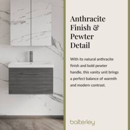 Balterley 600mm Wall Hung 1 Drawer Vanity, Woodgrain Anthracite, Pewter Handle in Grey - thumbnail 7