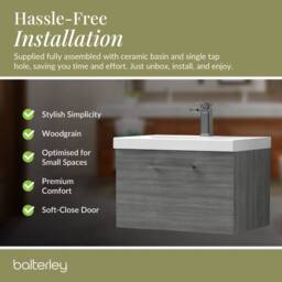 Balterley 600mm Wall Hung 1 Drawer Vanity, Woodgrain Anthracite, Pewter Handle in Grey - thumbnail 4