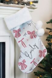 Personalised Memento Company Women's Personalised Pink Bow Christmas Stocking in Grey - thumbnail 3