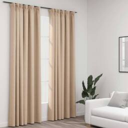 Berkfield Home Linen-Look Blackout Curtains with Hooks 2 pcs Beige 140x225 cm - thumbnail 2