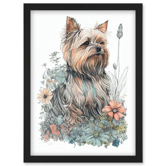 Artery8 Yorkshire Terrier Dog in Wildflowers Bright Watercolour Illustration Artwork Framed Wall Art Print A4 in Black - image 1