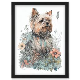 Artery8 Yorkshire Terrier Dog in Wildflowers Bright Watercolour Illustration Artwork Framed Wall Art Print A4 in Black - thumbnail 1