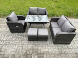Fimous 6 Pieces Outdoor Garden Dining Sets Rattan Furniture With Dining Table Armchairs Love Sofa 2 Small Footstools Dark Grey Mixed - thumbnail 2