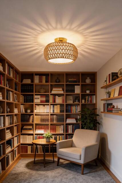 Living and Home Ceiling Light with Rattan and Fabric Double Shades in Natural