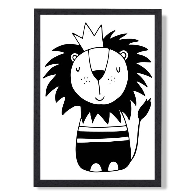 ARTZE Cute Black Lion Scandi Animal Framed Print SIZE: A3 with Black Frame - Size: A4 - image 1