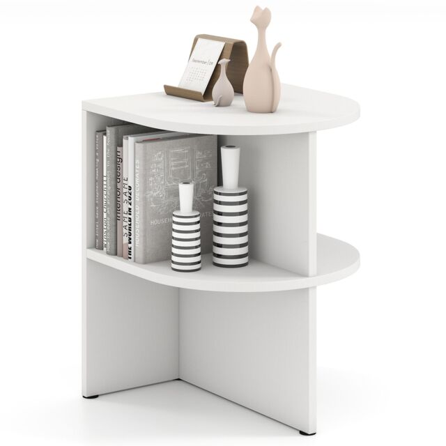 Gymax 2-Tier Wooden Nightstand Sofa End Table Half Round Side Table-White in White - image 1