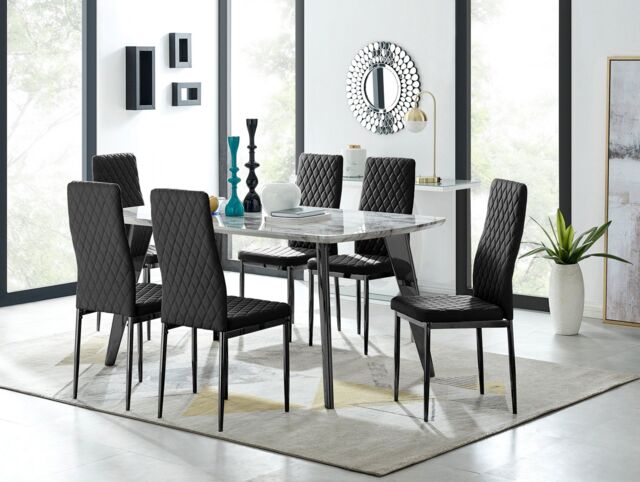 FurnitureboxUK Andria Marble Effect Dining Table With Black Legs & 6 Milan Velvet Black Leg Chairs - image 1