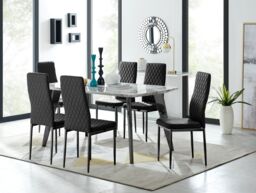 FurnitureboxUK Andria Marble Effect Dining Table With Black Legs & 6 Milan Velvet Black Leg Chairs - thumbnail 1