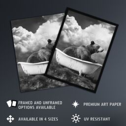 "Artery8 Surreal Bear in Bathtub Black White Bath Time Wall Art Print in Grey - Size: W24"" x H32""" - thumbnail 2