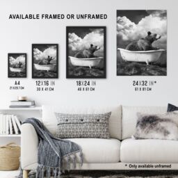 "Artery8 Surreal Bear in Bathtub Black White Bath Time Wall Art Print in Grey - Size: W24"" x H32""" - thumbnail 3