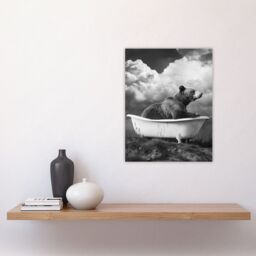 "Artery8 Surreal Bear in Bathtub Black White Bath Time Wall Art Print in Grey - Size: W24"" x H32""" - thumbnail 4