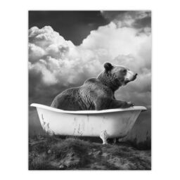 "Artery8 Surreal Bear in Bathtub Black White Bath Time Wall Art Print in Grey - Size: W24"" x H32""" - thumbnail 1