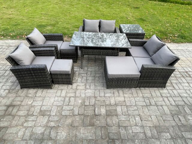 Fimous Garden Furniture Sets 9 Pieces Rattan Furniture Handmade Wicker Patio Sofa Set with 3 Footstools Side Table in Dark Grey