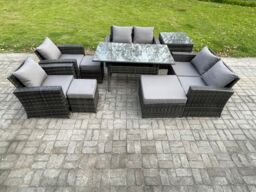 Fimous Garden Furniture Sets 9 Pieces Rattan Furniture Handmade Wicker Patio Sofa Set with 3 Footstools Side Table in Dark Grey - thumbnail 1