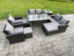 Fimous Garden Furniture Sets 9 Pieces Rattan Furniture Handmade Wicker Patio Sofa Set with 3 Footstools Side Table in Dark Grey - thumbnail 2