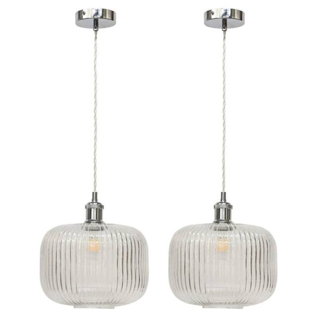 First Choice Lighting Set of 2 Batley Large - Clear Ribbed Glass Chrome Retro Pendants - image 1