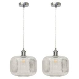 First Choice Lighting Set of 2 Batley Large - Clear Ribbed Glass Chrome Retro Pendants - thumbnail 1