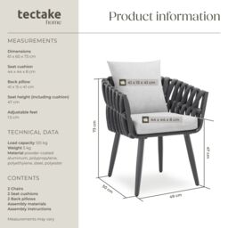 tectake Chair Set Of 2 Lugano in Dark Grey - Size: 2 Seater - thumbnail 6