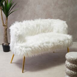 Orsina Natural Faux Fur Sofa with Gold Legs, Contemporary White Fur Effect Upholstered Couch, Luxe Accent Seating