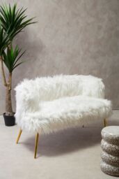 Orsina Natural Faux Fur Sofa with Gold Legs, Contemporary White Fur Effect Upholstered Couch, Luxe Accent Seating - thumbnail 3