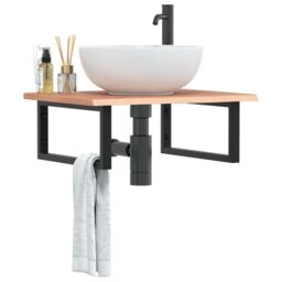 Berkfield Home Basin Shelf Wall Mounted Steel & Solid Wood Oak in Brown - thumbnail 1