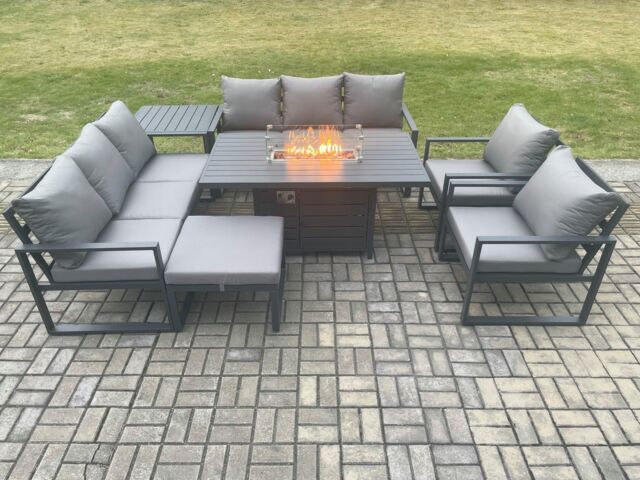 Fimous Aluminium Outdoor Garden Furniture Set Patio Lounge Sofa Gas Fire Pit Dining Table Set with Big Footstool Side Table Dark Grey - image 1