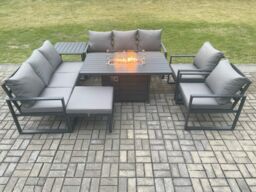 Fimous Aluminium Outdoor Garden Furniture Set Patio Lounge Sofa Gas Fire Pit Dining Table Set with Big Footstool Side Table Dark Grey - thumbnail 1