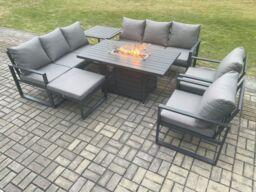 Fimous Aluminium Outdoor Garden Furniture Set Patio Lounge Sofa Gas Fire Pit Dining Table Set with Big Footstool Side Table Dark Grey - thumbnail 2