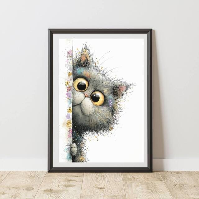 60 SECOND MAKEOVER Peeking Cat Flowers Print Poster Wall Art - Size: A4 - image 1