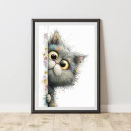 60 SECOND MAKEOVER Peeking Cat Flowers Print Poster Wall Art - Size: A4 - thumbnail 1