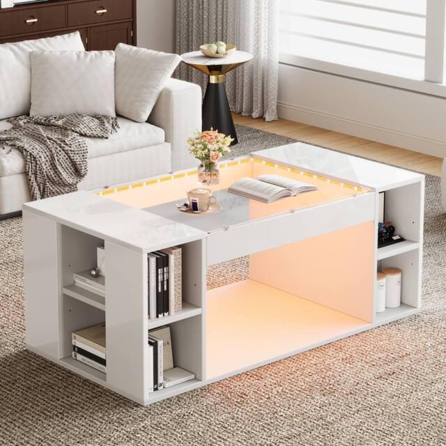 BTM High-Gloss Coffee Table with Open Storage & LED Lights in White - image 1