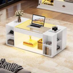 BTM High-Gloss Coffee Table with Open Storage & LED Lights in White - thumbnail 2