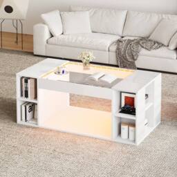 BTM High-Gloss Coffee Table with Open Storage & LED Lights in White - thumbnail 4
