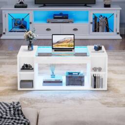 BTM High-Gloss Coffee Table with Open Storage & LED Lights in White - thumbnail 3