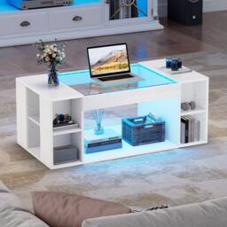 BTM High-Gloss Coffee Table with Open Storage & LED Lights in White - thumbnail 5