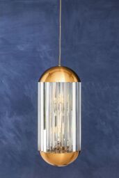 Orsina Chrome Finish 6 Bulb Pendant Light, Capsule-Shaped Crystal Panel Ceiling Fixture, Reflective Modern Lighting in Brown - thumbnail 2
