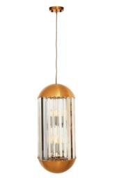 Orsina Chrome Finish 6 Bulb Pendant Light, Capsule-Shaped Crystal Panel Ceiling Fixture, Reflective Modern Lighting in Brown