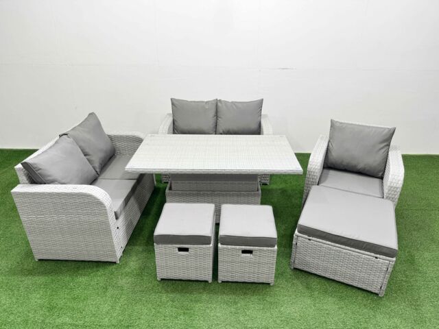 Fimous High Back Poly Rattan Garden Furniture Set w/ Reclining Chair Loveseat Sofa Adjustable Lifting Dining or Coffee Table Indoor Outdoor Patio Set - image 1