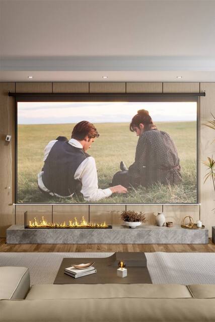 "Living and Home 120"" Black Crossbar Electric Motorized Projector Screen with Remote in White" - image 1