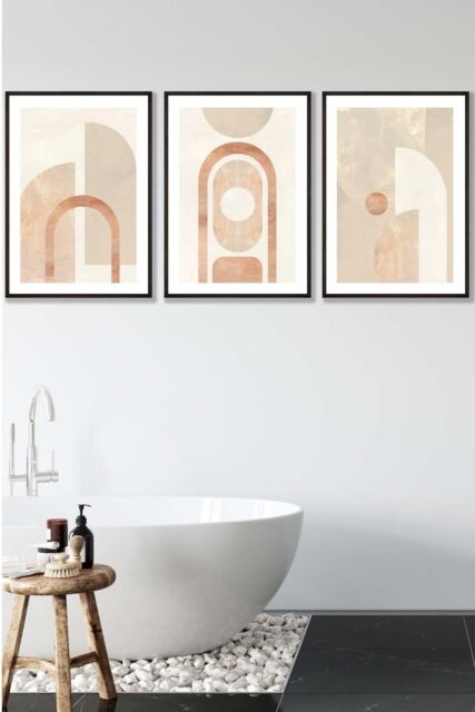 ARTZE Set of 3 Black Framed Mid Century Beige & Terracotta Arches Wall Art - Size: W33 cm x H45 cm x D20mm - image 1
