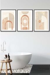 ARTZE Set of 3 Black Framed Mid Century Beige & Terracotta Arches Wall Art - Size: W33 cm x H45 cm x D20mm